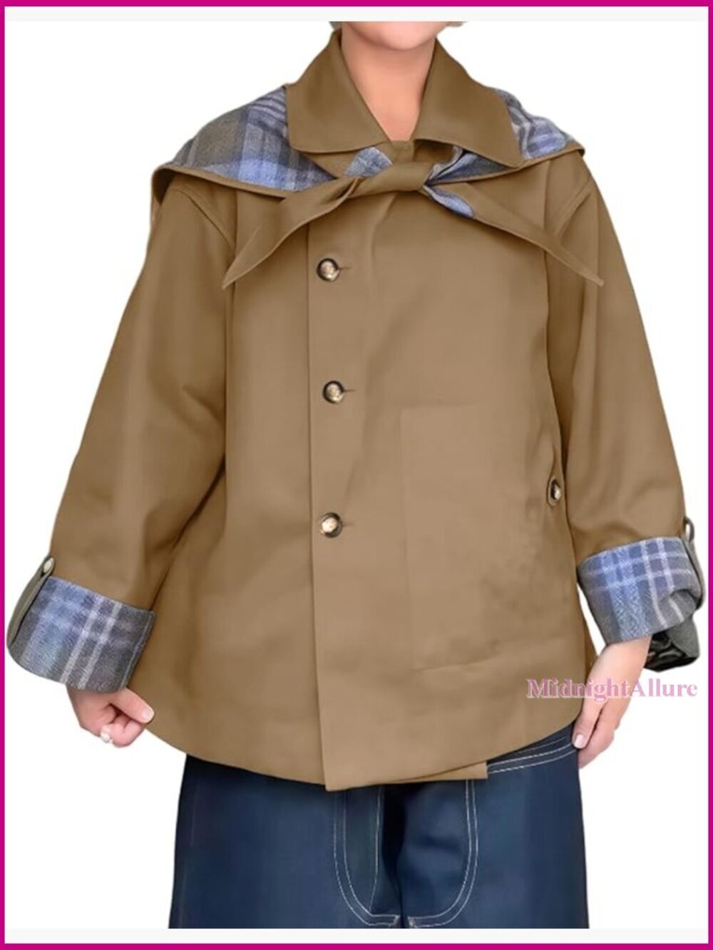 Reversible Plaid Trench Coat, Oversized Fit, Long Sleeve, Polyester, Fall Winter